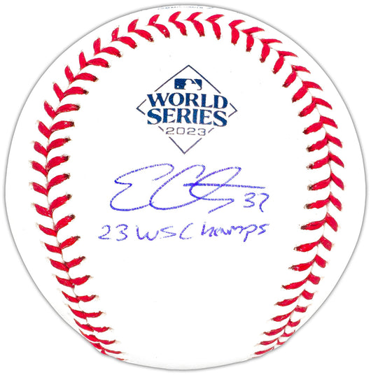Evan Carter Autographed Official 2023 World Series Logo MLB Baseball Texas Rangers "23 WS Champs" Beckett BAS Witness