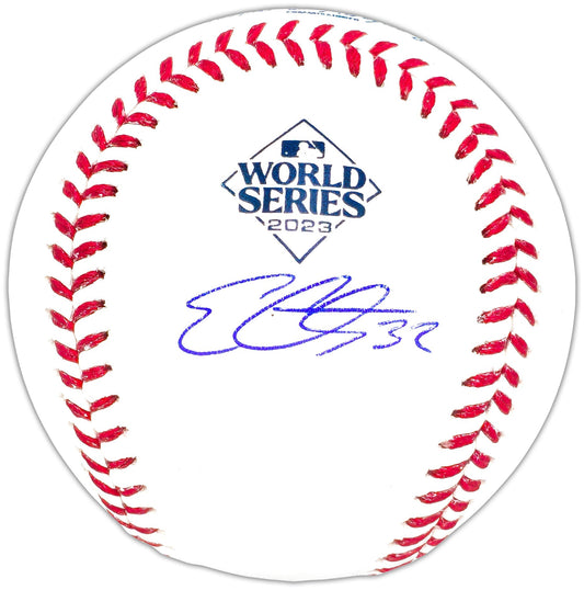Evan Carter Autographed Official 2023 World Series Logo MLB Baseball Texas Rangers Beckett BAS Witness