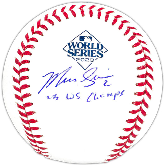 Marcus Semien Autographed Official 2023 World Series Logo MLB Baseball Texas Rangers "23 WS Champs" Beckett BAS Witness