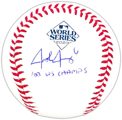 Josh Jung Autographed Official 2023 World Series Logo MLB Baseball Texas Rangers "23 WS Champs" Beckett BAS Witness