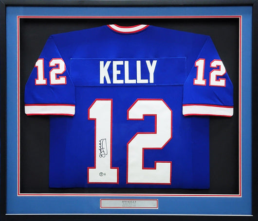 Buffalo Bills Jim Kelly Autographed Framed Blue Jersey Beckett BAS QR Stock #209465