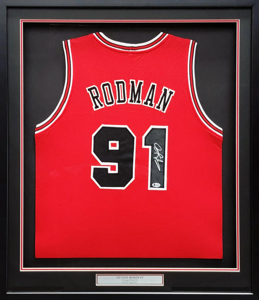 Chicago Bulls Dennis Rodman Autographed Framed Red Jersey Beckett BAS Stock #209443