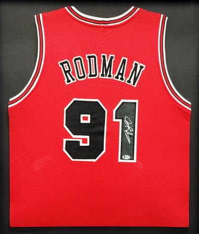 Chicago Bulls Dennis Rodman Autographed Framed Red Jersey Beckett BAS Stock #209443