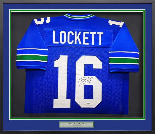 Seattle Seahawks Tyler Lockett Autographed Framed Blue Throwback Jersey MCS Holo