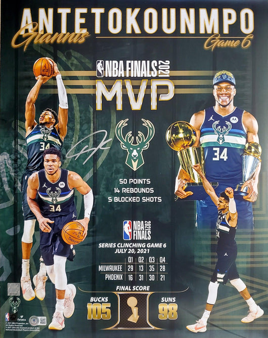 Giannis Antetokounmpo Autographed Framed 16x20 Photo Milwaukee Bucks 2021 Finals MVP Collage Beckett BAS QR Stock #209439