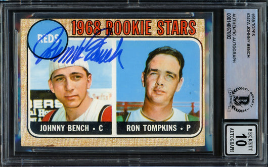 Johnny Bench Autographed 1968 Topps Rookie Card #247 Cincinnati Reds Auto Grade Gem Mint 10 Beckett BAS #14867892
