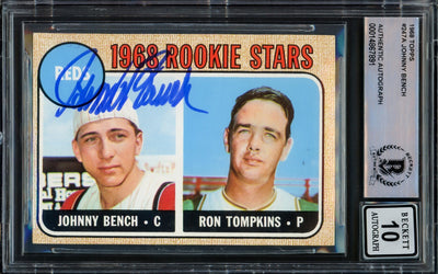 Johnny Bench Autographed 1968 Topps Rookie Card #247 Cincinnati Reds Auto Grade Gem Mint 10 Beckett BAS #14867891