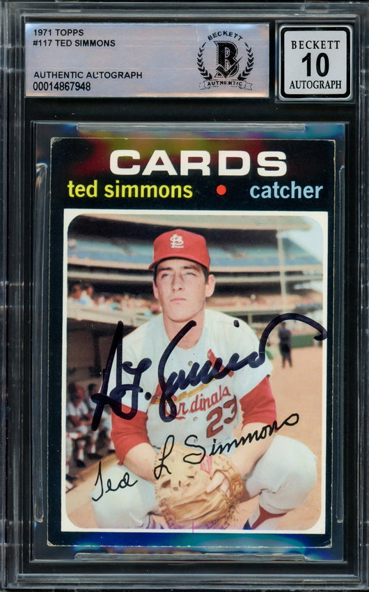 Ted Simmons Autographed 1971 Topps Rookie Card #117 St. Louis Cardinals Auto Grade Gem Mint 10 Beckett BAS #14867948