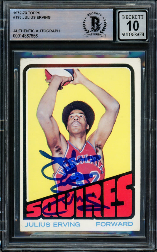 Julius Dr. J Erving Autographed 1972-73 Topps Rookie Card #195 Virginia Squires Auto Grade Gem Mint 10 Beckett BAS #14867956