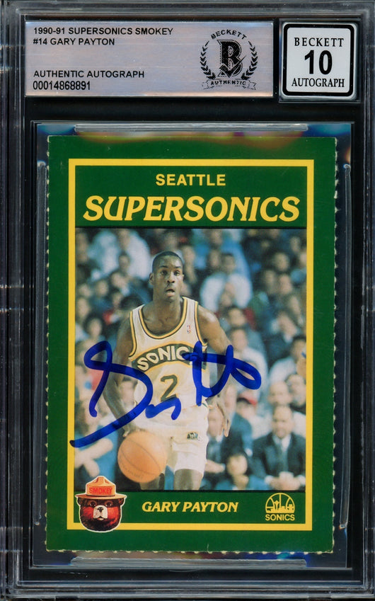 Gary Payton Autographed 1990-91 Smokey The Bear Rookie Card #14 Seattle Supersonics Auto Grade Gem Mint 10 Beckett BAS #14868891