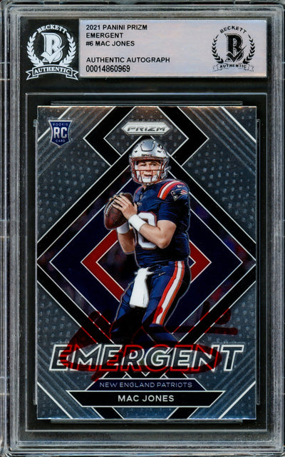 Mac Jones Autographed 2021 Panini Prizm Emergent Rookie Card #E-6 New England Patriots Beckett BAS #14860969
