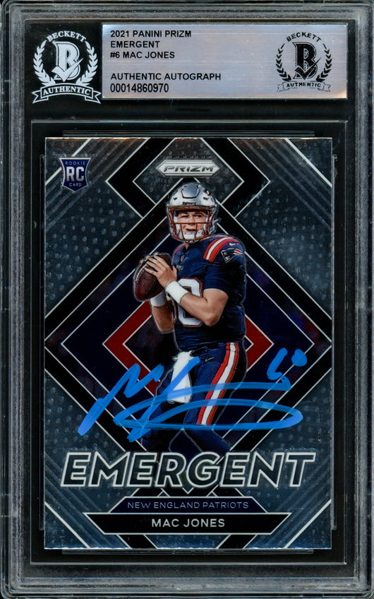Mac Jones Autographed 2021 Panini Prizm Emergent Rookie Card #E-6 New England Patriots Beckett BAS #14860970