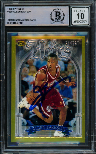 Allen Iverson Autographed 1996-97 Topps Finest Gold Rookie Card #280 Philadelphia 76ers Auto Grade Gem Mint 10 Beckett BAS #14866710