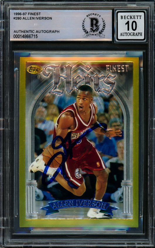 Allen Iverson Autographed 1996-97 Topps Finest Gold Rookie Card #280 Philadelphia 76ers Auto Grade Gem Mint 10 Beckett BAS #14866715