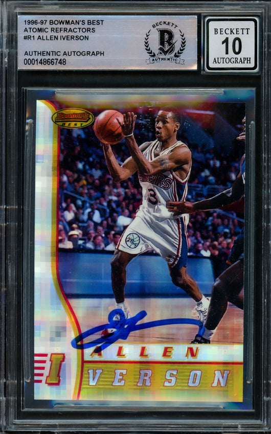 Allen Iverson Autographed 1996-97 Bowman's Best Atomic Refractor Rookie Card #R1 Philadelphia 76ers Auto Grade Gem Mint 10 Beckett BAS #14866748