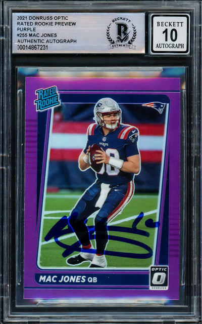 Mac Jones Autographed 2021 Donruss Optic Preview Purple Rookie Card #P-255 New England Patriots Auto Grade Gem Mint 10 Beckett BAS #14867231