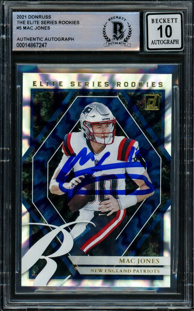 Mac Jones Autographed 2021 Donruss Elite Series Rookies Rookie Card #ESR-MJO New England Patriots Auto Grade Gem Mint 10 Beckett BAS #14867247