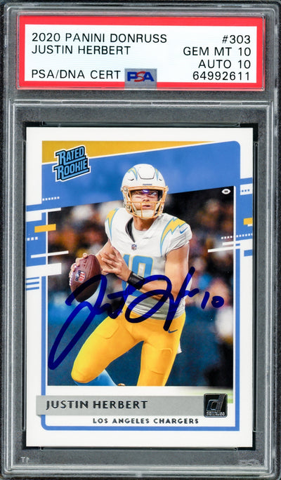 Justin Herbert Autographed 2020 Panini Donruss Rated Rookie Card #303 Los Angeles Chargers PSA 10 Auto Grade Gem Mint 10 PSA/DNA #64992611