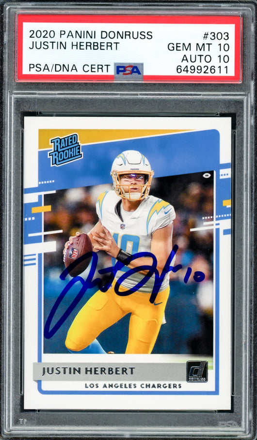 Justin Herbert Autographed 2020 Panini Donruss Rated Rookie Card #303 Los Angeles Chargers PSA 10 Auto Grade Gem Mint 10 PSA/DNA #64992611