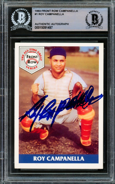 Roy Campanella Autographed 1992 Front Row Card #1 Brooklyn Dodgers Beckett BAS #15091497