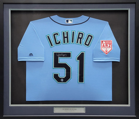 Seattle Mariners Ichiro Suzuki Autographed Framed Light Blue Majestic Spring Training Jersey IS Holo Stock #210145