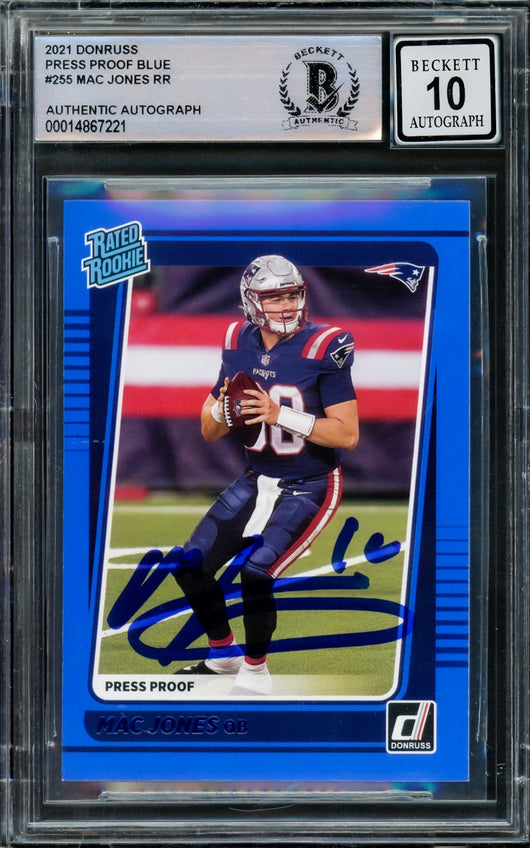 Mac Jones Autographed 2021 Donruss Rated Rookie Blue Press Proof Rookie Card #255 New England Patriots Auto 10 Beckett BAS Stock #210511