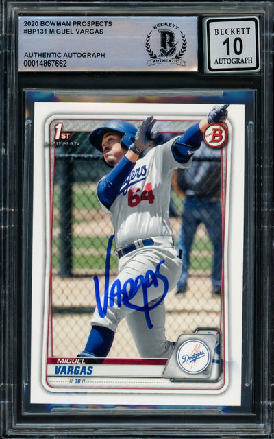 Miguel Vargas Autographed 2020 1st Bowman Rookie Card #BP-131 Los Angeles Dodgers Auto 10 Beckett BAS Stock #210520