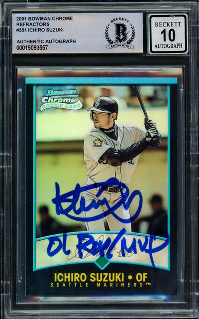 Ichiro Suzuki Autographed 2001 Bowman Chrome Refractor Rookie Card #351 Seattle Mariners Auto Grade Gem Mint 10 "01 ROY/MVP" Beckett BAS #15093557
