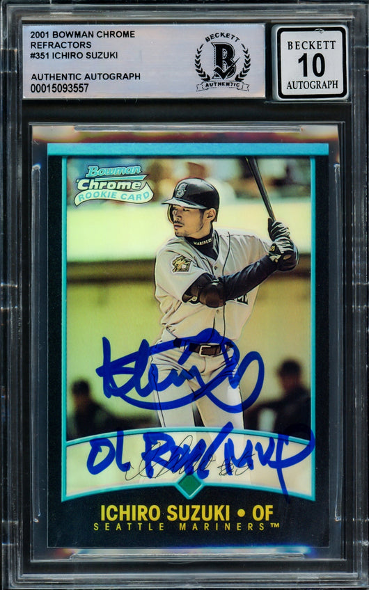 Ichiro Suzuki Autographed 2001 Bowman Chrome Refractor Rookie Card #351 Seattle Mariners Auto Grade Gem Mint 10 "01 ROY/MVP" Beckett BAS #15093557