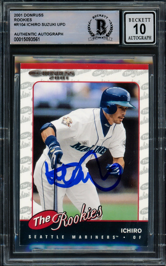 Ichiro Suzuki Autographed 2001 Donruss Rookies Rookie Card #R104 Seattle Mariners Auto Grade Gem Mint 10 Beckett BAS #15093561
