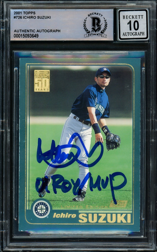 Ichiro Suzuki Autographed 2001 Topps Tiffany Limited Edition Rookie Card #726 Seattle Mariners Auto Grade Gem Mint 10 "01 ROY/MVP" Beckett BAS #15093649