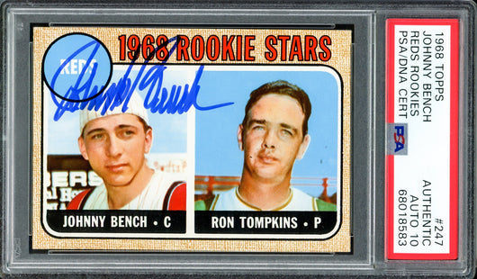 Johnny Bench Autographed 1968 Topps Rookie Card #247 New York Mets Auto Grade Gem Mint 10 PSA/DNA #68018583