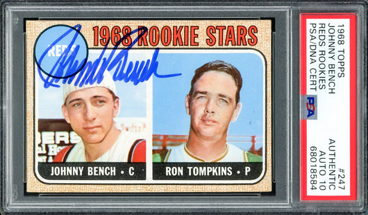 Johnny Bench Autographed 1968 Topps Rookie Card #247 New York Mets Auto Grade Gem Mint 10 PSA/DNA #68018584
