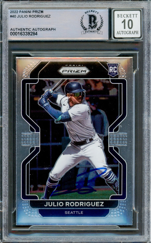 Julio Rodriguez Autographed 2022 Panini Prizm Rookie Card #40 Seattle Mariners Auto Grade Gem Mint 10 Beckett BAS #16339284