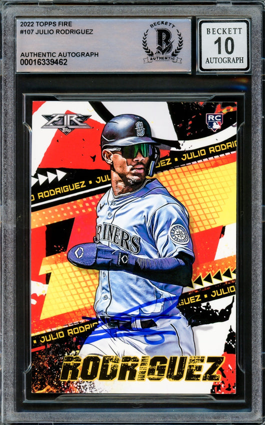 Julio Rodriguez Autographed 2022 Topps Fire Rookie Card #107 Seattle Mariners Auto Grade Gem Mint 10 Beckett BAS #16339462