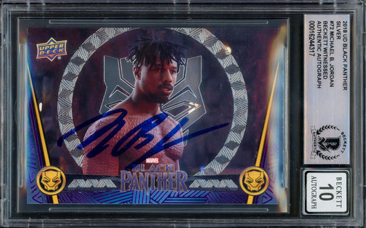 Michael B. Jordan Autographed 2018 Upper Deck Black Panther Silver Card #72 Marvel Auto Grade Gem Mint 10 Beckett BAS #16244317