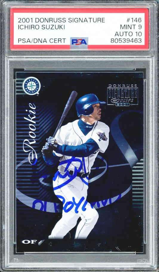 Ichiro Suzuki Autographed 2001 Donruss Signature Rookie Card #146 Seattle Mariners PSA 9 Auto Grade Gem Mint 10 "01 ROY/MVP" Highest Graded #163/330 PSA/DNA #80539463