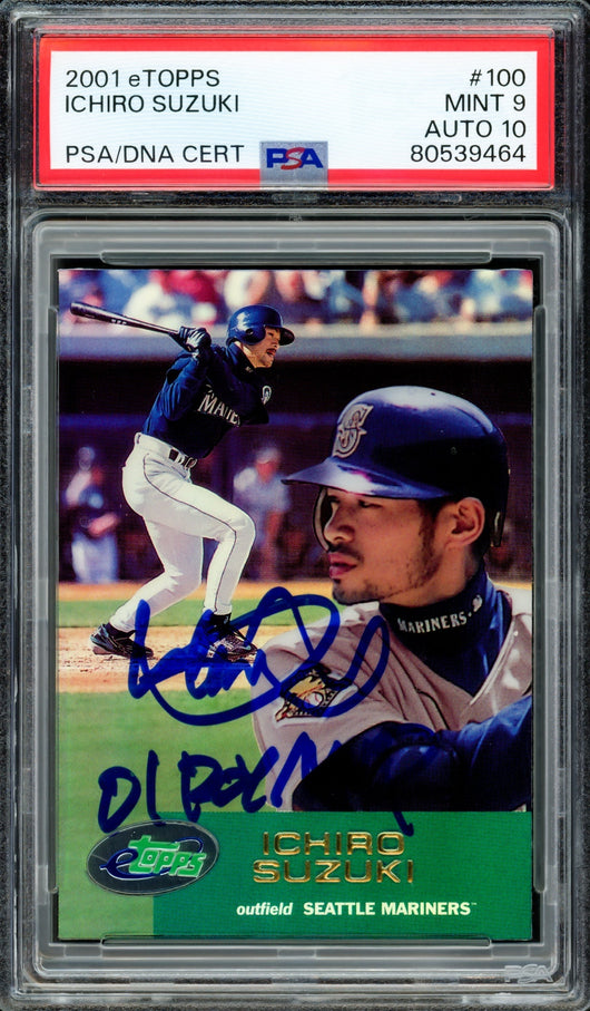 Ichiro Suzuki Autographed 2001 eTopps Rookie Card #100 Seattle Mariners PSA 9 Auto Grade Gem Mint 10 "01 ROY/MVP" PSA/DNA #80539464