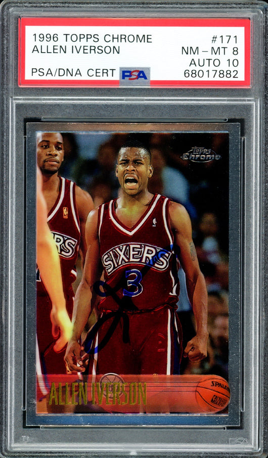 Allen Iverson Autographed 1996-97 Topps Chrome Rookie Card #171 Philadelphia 76ers PSA 8 Auto Grade Gem Mint 10 PSA/DNA #68017882