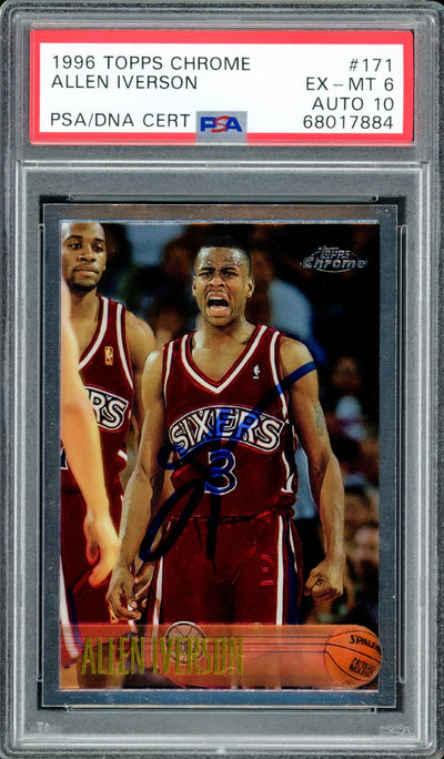 Allen Iverson Autographed 1996-97 Topps Chrome Rookie Card #171 Philadelphia 76ers PSA 6 Auto Grade Gem Mint 10 PSA/DNA #68017884