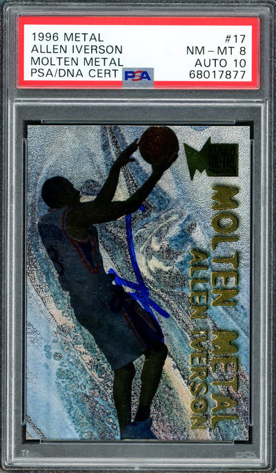 Allen Iverson Autographed 1996-97 Fleer Metal Molten Metal Rookie Card #17 Philadelphia 76ers PSA 8 Auto Grade Gem Mint 10 PSA/DNA #68017877