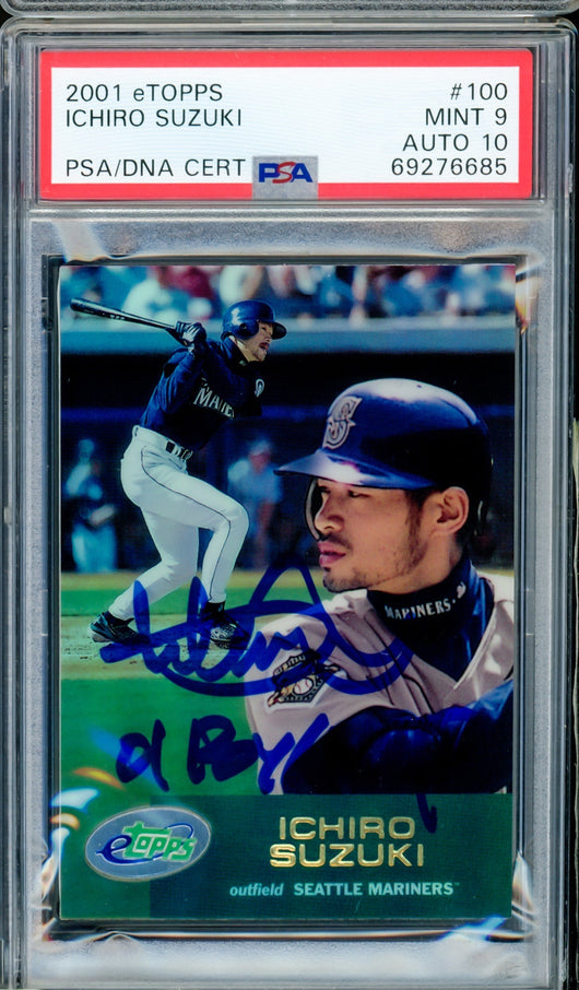 Ichiro Suzuki Autographed 2001 eTopps Rookie Card #100 Seattle Mariners PSA 9 Auto Grade Gem Mint 10 "01 ROY/MVP" Highest Graded PSA/DNA #69276685