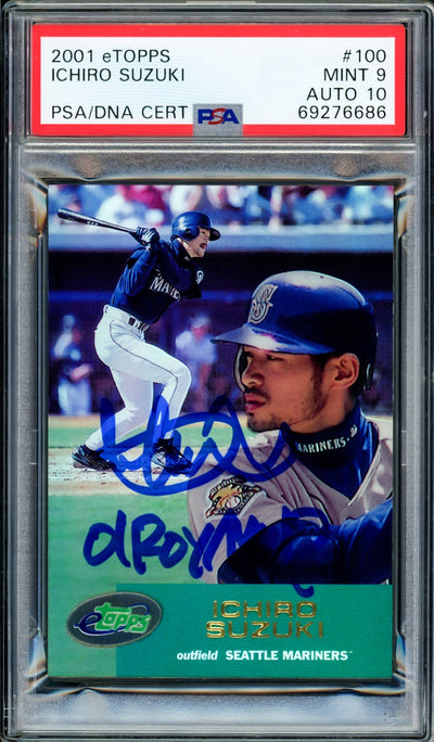 Ichiro Suzuki Autographed 2001 eTopps Rookie Card #100 Seattle Mariners PSA 9 Auto Grade Gem Mint 10 "01 ROY/MVP" Highest Graded PSA/DNA #69276686