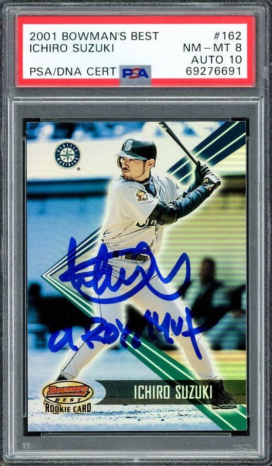 Ichiro Suzuki Autographed 2001 Bowman's Best Rookie Card #162 Seattle Mariners PSA 8 Auto Grade Gem Mint 10 "01 ROY/MVP" #1548/2999 PSA/DNA #69276691