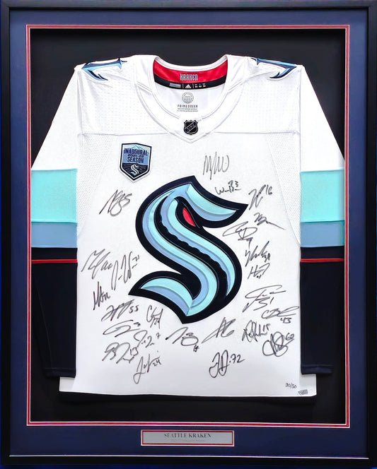 Seattle Kraken 2021-22 Inaugural Season Team Signed Autographed Framed White Adidas Jersey With 24 Signatures Including Jordan Eberle & Jared McCann Fanatics Holo