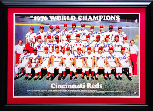 1976 Cincinnati Reds Big Red Machine Team Autographed Framed 24x36 Poster With 27 Signatures Including Johnny Bench & Pete Rose Beckett BAS