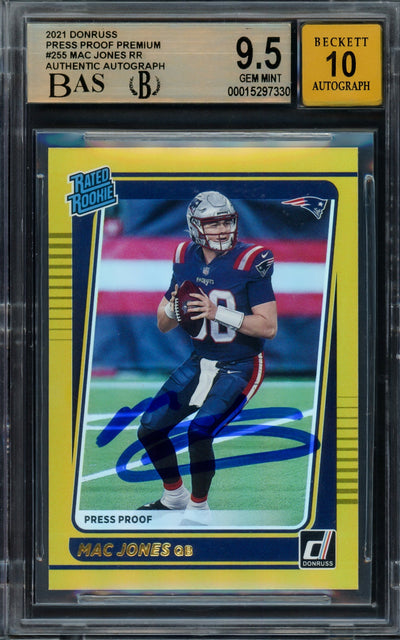 Mac Jones Autographed 2021 Donruss Gold Press Proof Premium Rookie Card #255 New England Patriots BGS 9.5 Auto Grade Gem Mint 10 Beckett BAS #15297330
