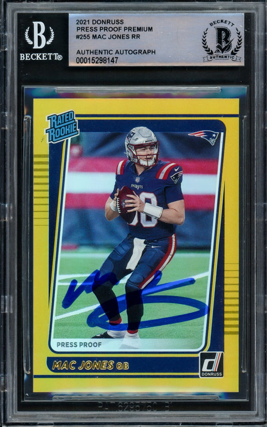 Mac Jones Autographed 2021 Donruss Gold Press Proof Premium Rookie Card #255 New England Patriots Beckett BAS #15298147