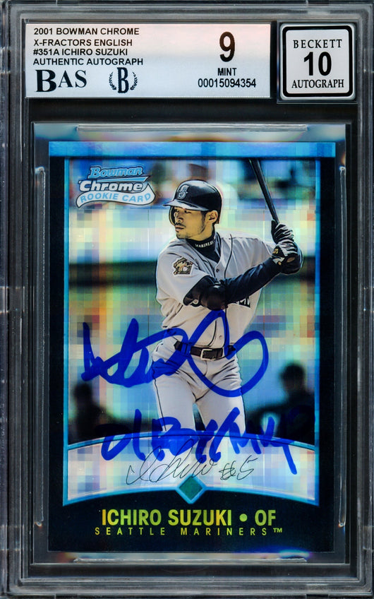 Ichiro Suzuki Autographed 2001 Bowman Chrome X-Fractors English Rookie Card #351A Seattle Mariners BGS 9 Auto Grade Gem Mint 10 "01 ROY/MVP" Beckett BAS #15094354