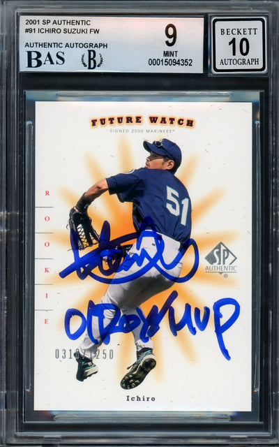 Ichiro Suzuki Autographed 2001 Upper Deck SP Authentic Rookie Card #91 Seattle Mariners BGS 9 Auto Grade Gem Mint 10 "01 ROY/MVP" #316/1250 Beckett BAS #15094352